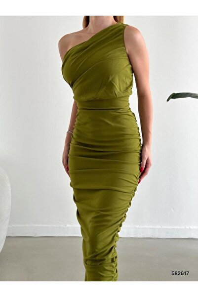 Modafeminen Φόρεμα Σκούμπα Κρεπ με έναν ώμο 582617 Πράσινο Φιστικί