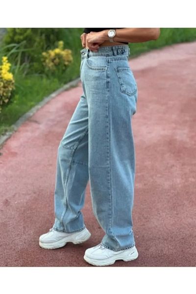 kotmodası Albastru zăpadă cu cataramă, cu croială largă, cu picioare largi, blugi largi, casual, pantaloni largi de damă