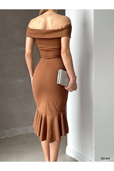 Modafeminen Ithal Krep Kumaş Madonna Yaka Volanlı Kahve Reng Elbise 581344