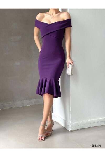 Modafeminen Ithal Krep Kumaş Madonna Yaka Volanlı Mor Elbise 581344