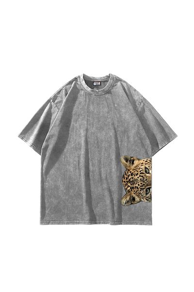 Sekizbiraltı Λευκό μπλουζάκι με στάμπα Jaguar Oversize Unisex Washed