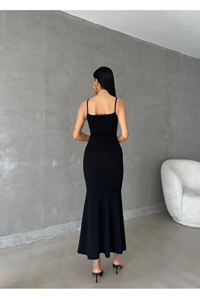 Modafeminen Ithal Krep Kumaş Ince Askılı Düğme Detay Elbise 582053 Siyah