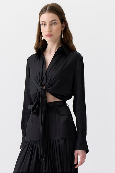 rue. Tie-Up Long Sleeve Black Blouse