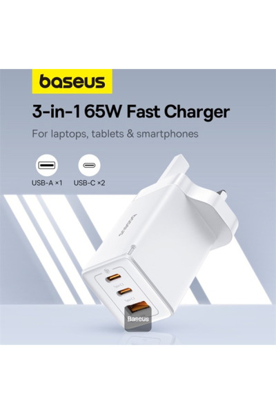Baseus GaN5 Pro Fast Charger 2 Type C + Usb - 65 W - White - Cable Type-C - 100W - 1 Meter - White