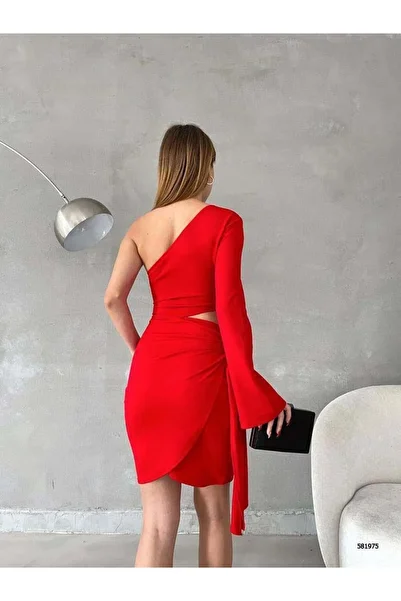Modafeminen Asymmetric Cut Skirt Tie-Up Imported Crepe Fabric Single Sleeve Dress 581975 Red