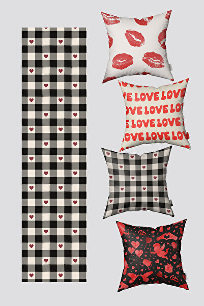 EsnafAli Set de 4 huse de pernă și alergător cu model de inimă roșie și neagră
