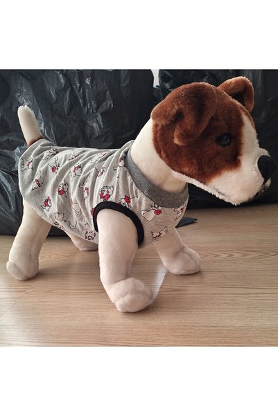 stylie Yazlık Kedi Desenli Kolsuz Penye Kedi Köpek Giysisi, Gri