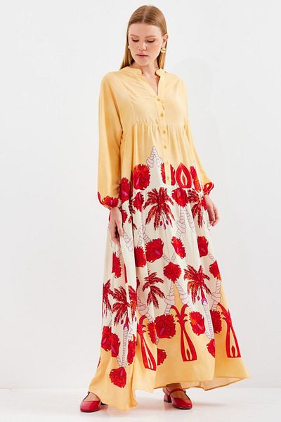 modaserdem Yellow Red Viscose Hijab Dress 2423