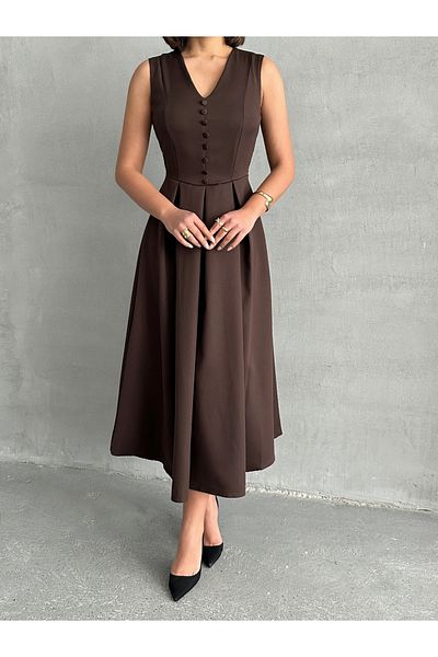 BEJNA Braunes, ärmelloses Damenkleid mit V-Ausschnitt und Knopfleiste