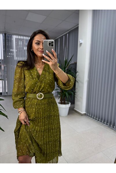 caddstore فستان شيفون أخضر زيتي منقط 3286