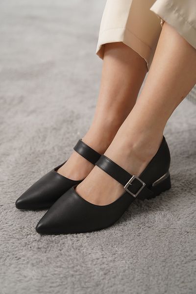 Moda Değirmeni Piele neagră pentru femei, cu cataramă de piatră, cu toc gros, elegant, clasic, MD1708-119-0002