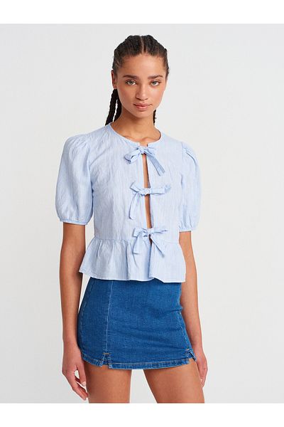 Dilvin 50502 Ribbon Tie Short Sleeve Blouse-Blue