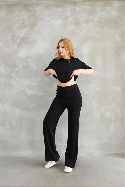 Tam12den Home Crew Neck Short Sleeve Suit with Stone Detail - Black