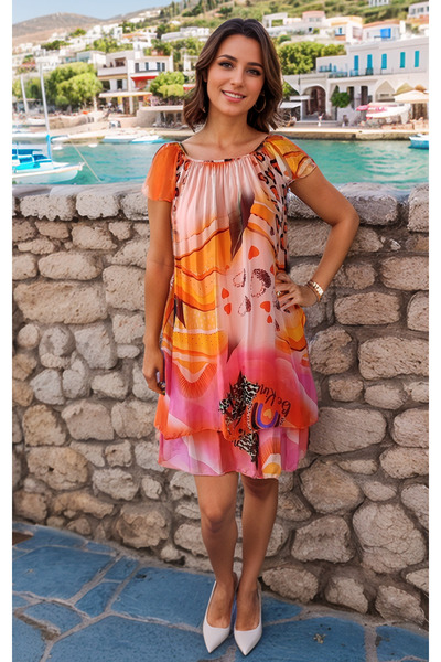 prontoihracat İthal İtalyan, bohem, diz seviyesi, dijital baskılı ,yazlık ipek elbise