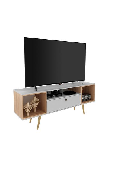 pilati 65" inch modern TV stand for living rooms and homes with drawers and shelves, almond and white color, 160*38.7*62