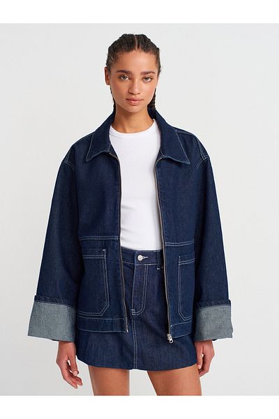 Dilvin 65364 Zippered Oversize Denim Coat-Navy Blue
