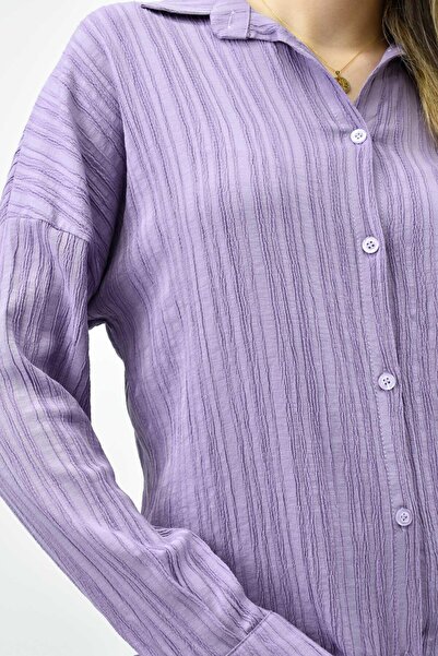 birizmoda Gofre Yazlık Gömlek-Pantolon Takım - Lila