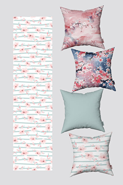 EsnafAli Ροζ Μπλε Μοντέρνο Floral Σετ με 4 Μαξιλαροθήκες και Runner