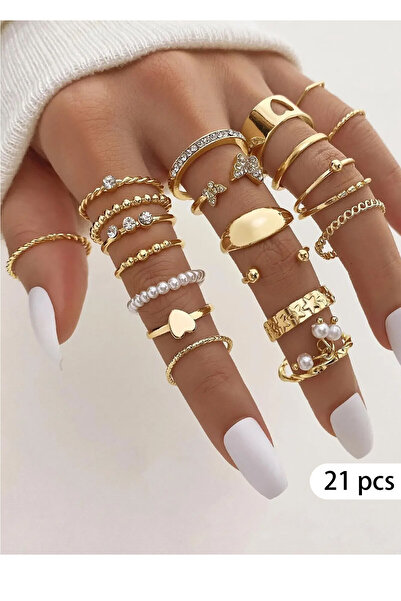 Choice مجموعة خواتم على شكل قلب وفراشة عتيقة من 21 قطعة للنساء، لون فضي، تصميم هندسي مجوف