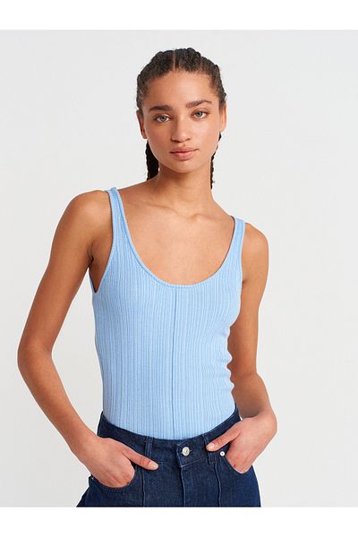 Dilvin 10747 Corded Fine Textured Knitwear Blouse-Blue