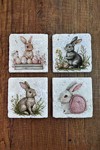 Natural Stone Coaster - Cute Rabbits Themed 10x10cm Stone Coasters