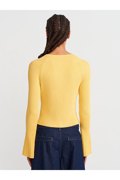Dilvin 60246 Crew Neck Buttoned Spanish Sleeve Knitwear Cardigan-Dark Yellow