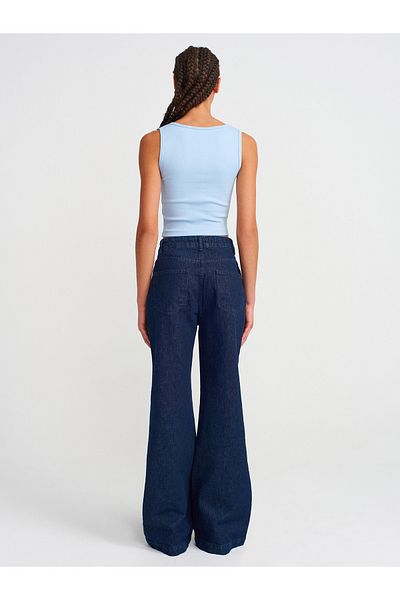 Dilvin 71807 Ribbed Stitched Flare Denim Trousers-Navy Blue