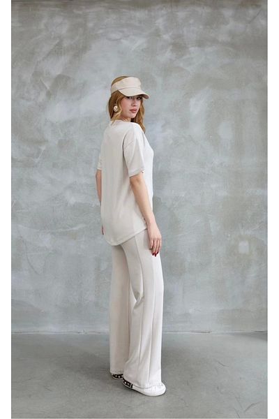 Tam12den Home Crew Neck Stone Detailed Short Sleeve Suit - Beige