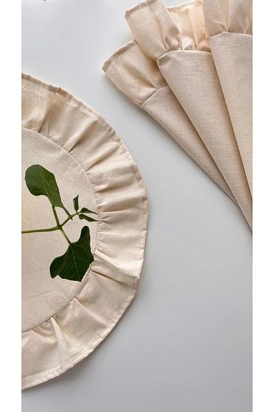White Alamode Natural Raw Linen Frilly Round Placemat Set of 12 40X40Cm