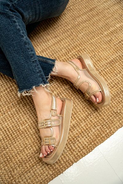 LAMİNTA Purly Gold Double Buckle Women's Ballerinas