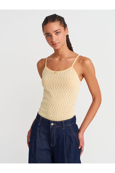 Dilvin 10732 Strappy Openwork Bow Detailed Thin Knitwear Blouse-Yellow