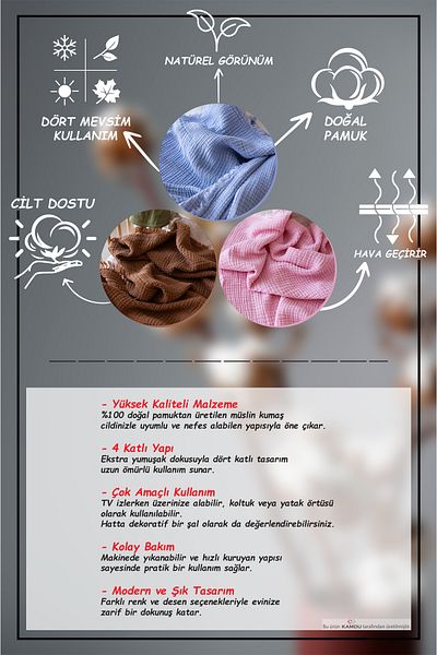 denizlicotton 200X260 cm Luxury Muslin Bedspread, 100% Cotton Bedspread, Double Bedspread