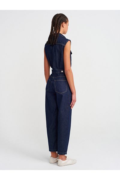 Dilvin 71804 Sleeveless Long Denim Jumpsuit-Navy Blue