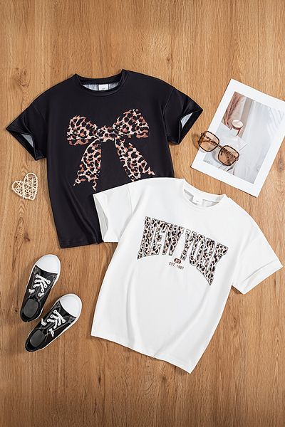 MYADA Tricou pentru fete, cu imprimeu leopard Newyork, 2 piese premium 23566