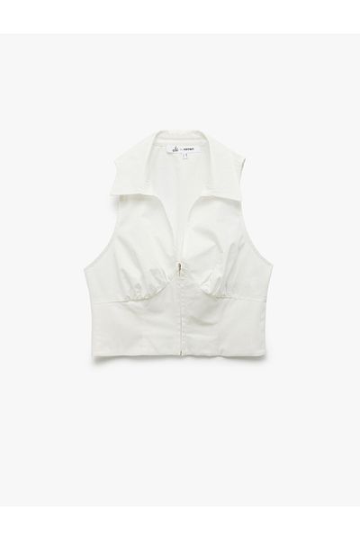 Koton Zippered Cotton Slim Fit Shirt Collar Sleeveless Crop Blouse