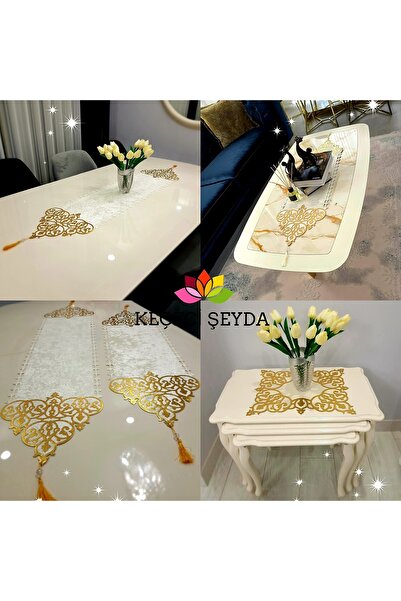 KEÇECİ ŞEYDA Runner/ranır/Kadife Krem Gold Deri Işlemeli Salon Takımı 6 Parça (masa,konsol,orta sehpa,3 pecete)