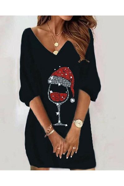 MRA Fashion Women's Long Sleeve V-Neck Printed Diving Fabric Dress