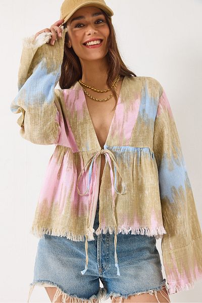 Bianco Lucci Women's Color Patterned V-Neck Soft Kimono 7013 60283139