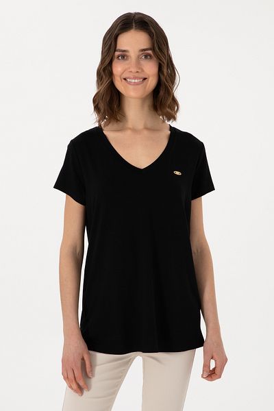 U.S. Polo Assn. Tricou de bază negru cu decolteu în V pentru femei 50300829-VR046
