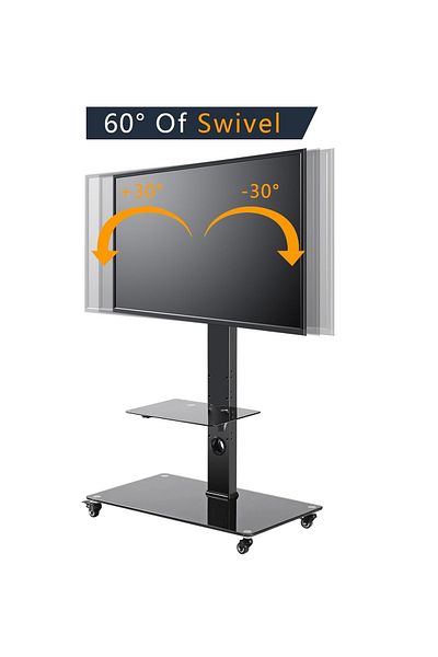 FlashHawk Mobile Floor TV Stand with Tempered Glass Shelf, Height Adjustable Rolling Cart