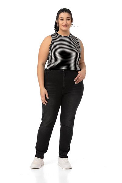DISENTIS MODEST Large Size Slim Striped Short Black Bodysuit