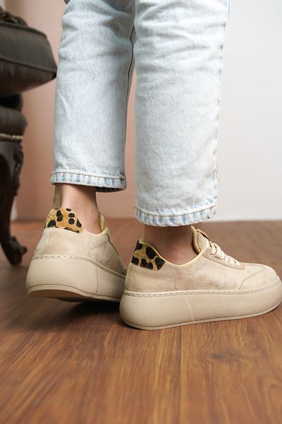 Moda Değirmeni Beige Suede Women's Leopard Patterned Thick Sole Sneaker Md1165-101-0002