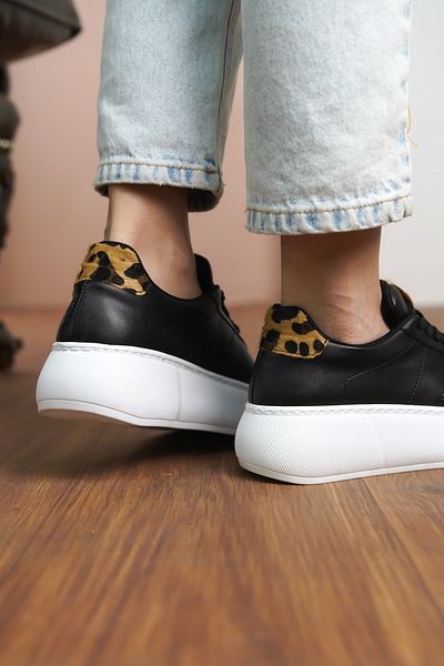 Moda Değirmeni Pantofi de damă cu piele neagră cu model leopard cu talpă groasă MD1165-101-0002