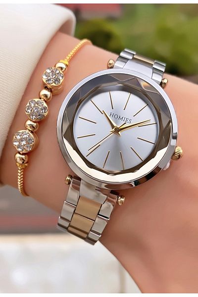 Homies Brand Gold Silver Color 2 Years Warranty, Stainless, Waterproof Women Wristwatch - Bracelet Gift