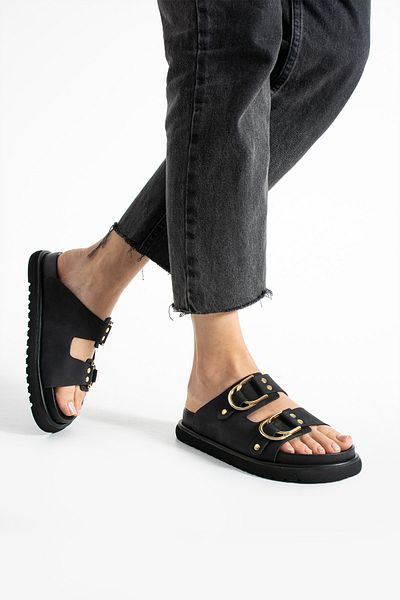 walviss Osso Women's Genuine Leather Double Buckle Black Slippers