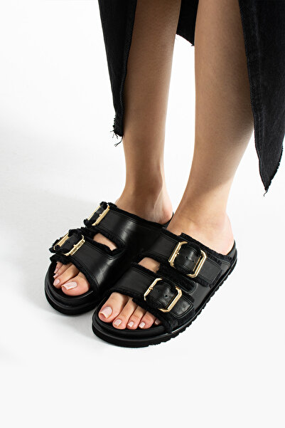 walviss Papuci negri ortopedici ajustabili cu cataramă dublă din piele naturală Magnetti