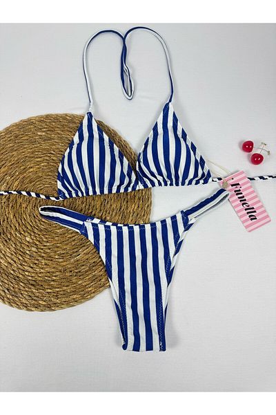 FUNELLA Navy Blue Colored Striped Shiny Fabric Halter Triangle Bikini Set