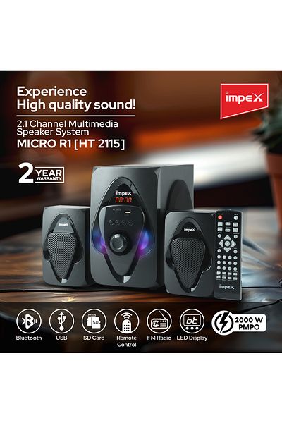 İMPEX Micro R1 2.1 Channel Multimedia Speaker- Ht 2115 System 2000 W Pmpo Rms Power, 4-inch Subwoofer