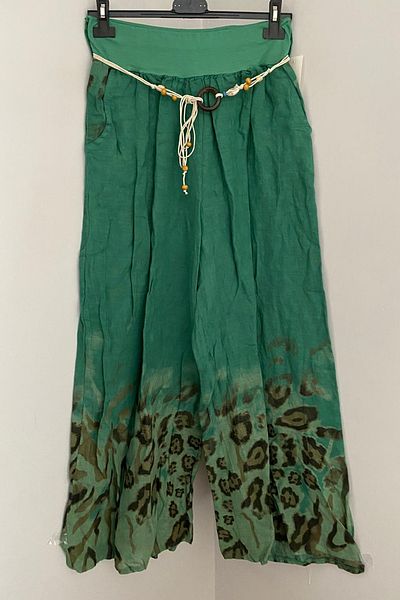 AYASOFYA OTANTIK Women's Italian Green Rope Belt Detailed Loose Wide Leg Linen Trousers with Side Pockets