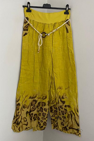 AYASOFYA OTANTIK Women's Italian Yellow Rope Belt Detailed Loose Wide Leg Linen Trousers with Side Pockets